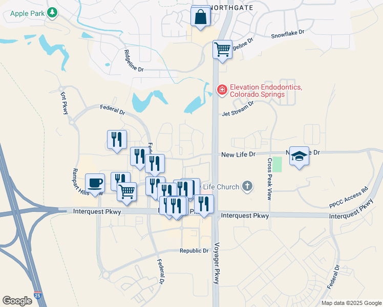 map of restaurants, bars, coffee shops, grocery stores, and more near 11320 New Voyager in Colorado Springs