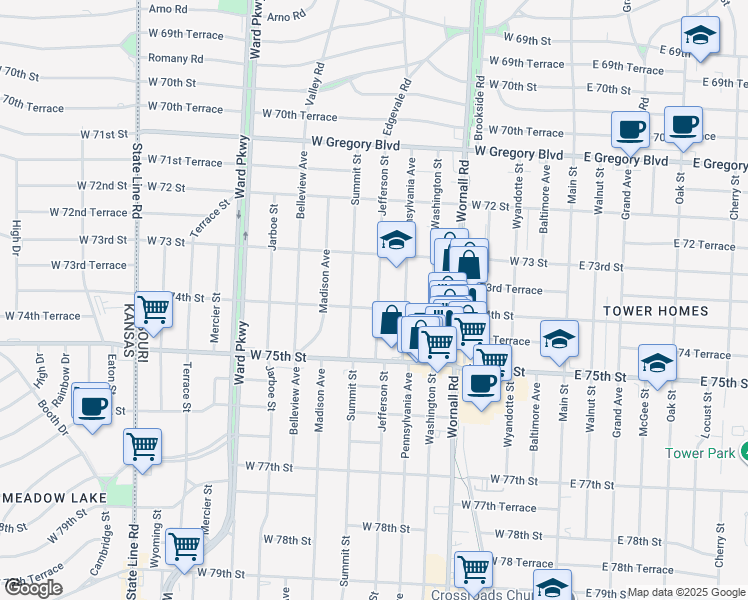 map of restaurants, bars, coffee shops, grocery stores, and more near 615 West 74th Street in Kansas City