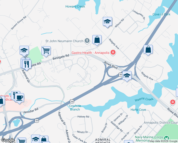 map of restaurants, bars, coffee shops, grocery stores, and more near 601 Captain John Brice Way in Annapolis