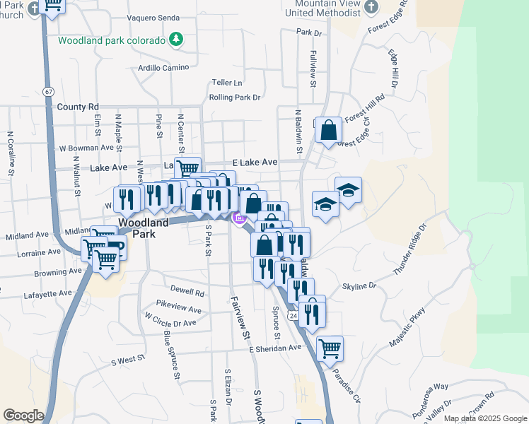 map of restaurants, bars, coffee shops, grocery stores, and more near in Woodland Park