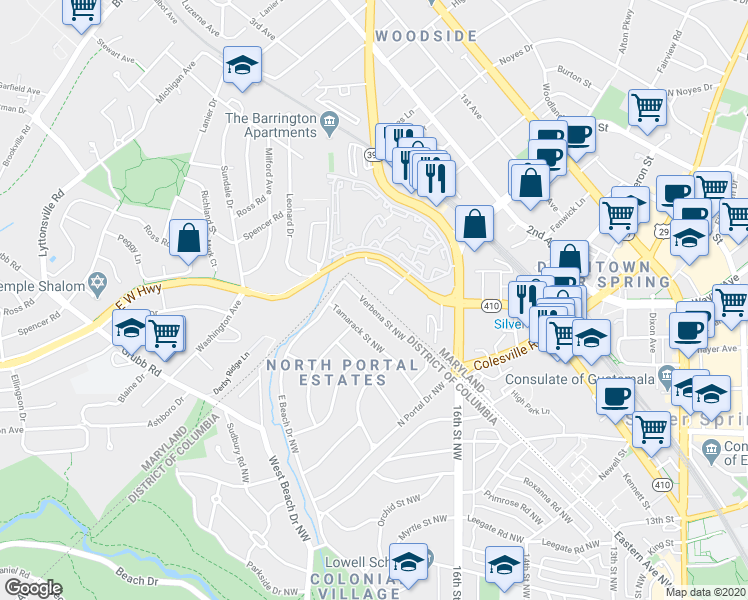 map of restaurants, bars, coffee shops, grocery stores, and more near 1781 Verbena Street Northwest in Washington