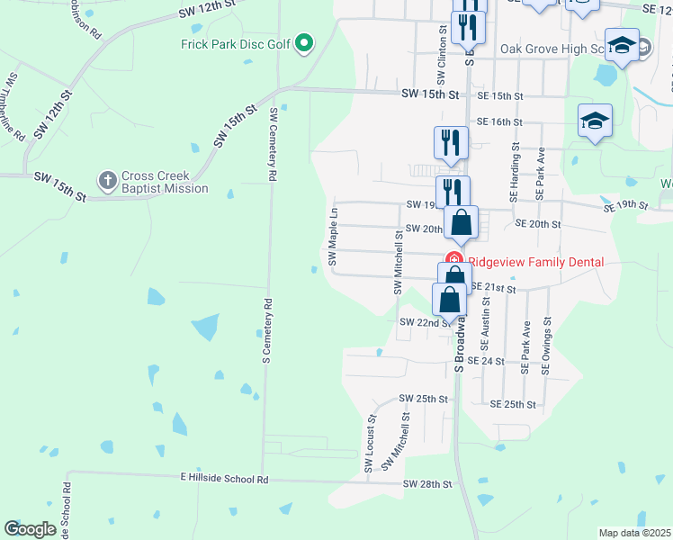 map of restaurants, bars, coffee shops, grocery stores, and more near 220 Southwest 21st Street in Oak Grove