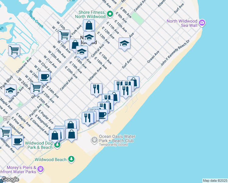map of restaurants, bars, coffee shops, grocery stores, and more near 427-429 East 18th Avenue in Wildwood