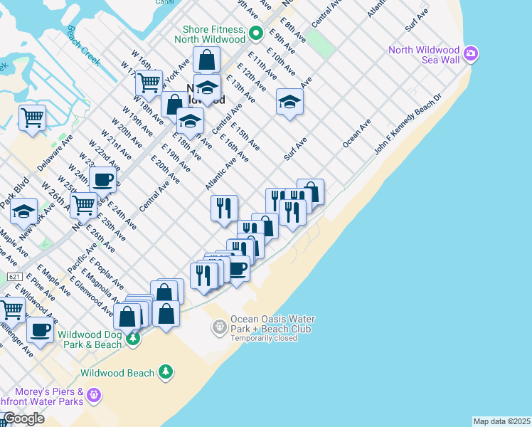 map of restaurants, bars, coffee shops, grocery stores, and more near 427-429 East 18th Avenue in Wildwood