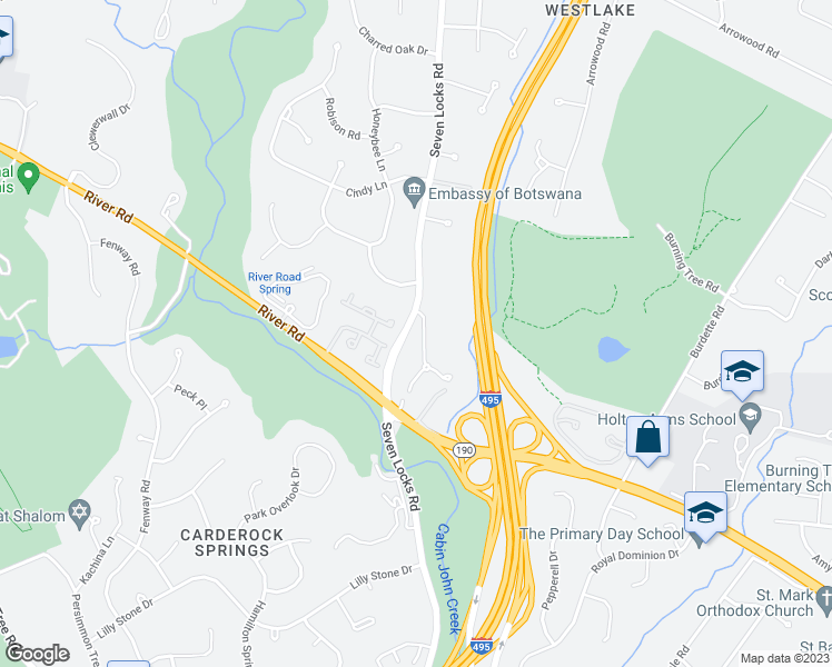 map of restaurants, bars, coffee shops, grocery stores, and more near 8406 Old Seven Locks Road in Bethesda