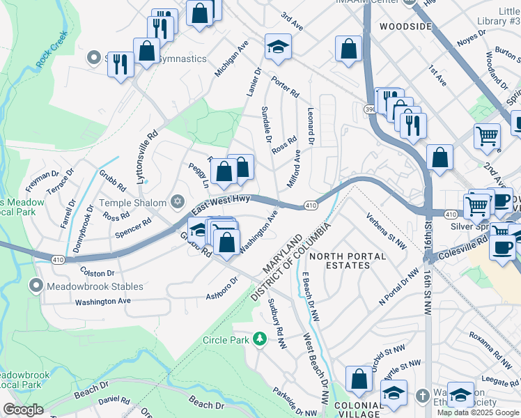 map of restaurants, bars, coffee shops, grocery stores, and more near 2201 Colston Drive in Silver Spring