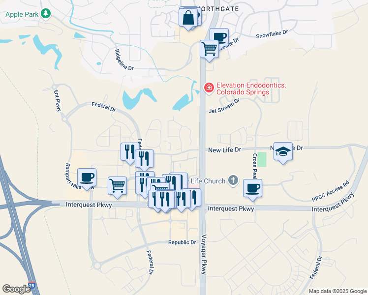 map of restaurants, bars, coffee shops, grocery stores, and more near 11172 Cedar Glen View in Colorado Springs