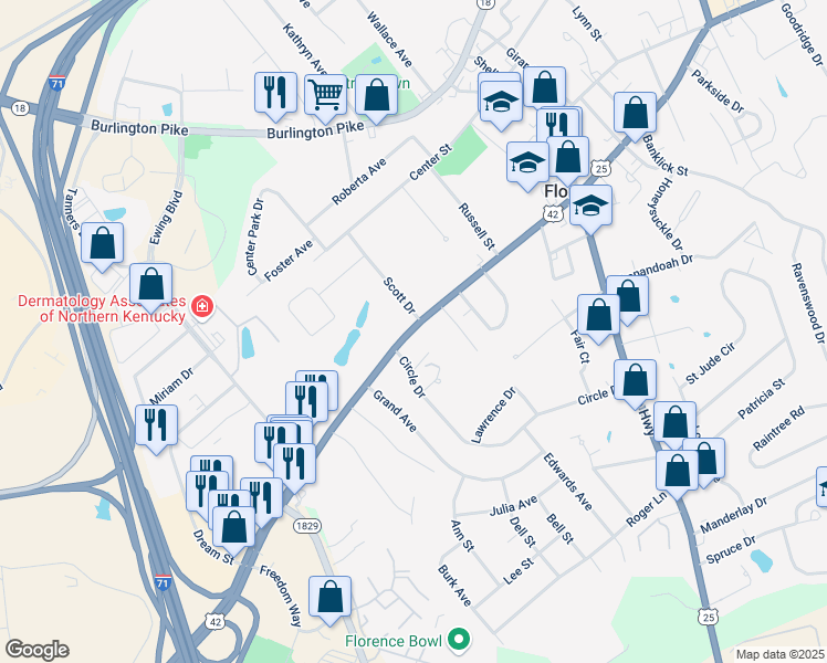 map of restaurants, bars, coffee shops, grocery stores, and more near 96 Circle Drive in Florence