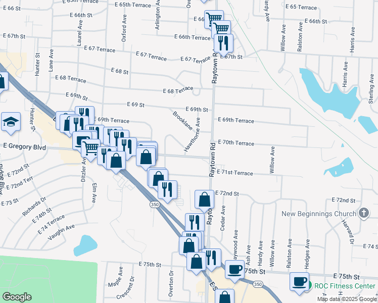 map of restaurants, bars, coffee shops, grocery stores, and more near 9813 East Gregory Boulevard in Raytown