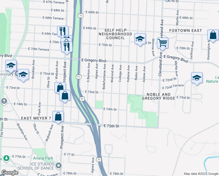 map of restaurants, bars, coffee shops, grocery stores, and more near 7309 Bellefontaine Avenue in Kansas City