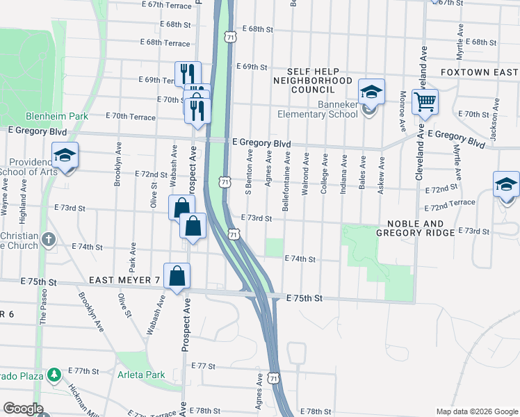 map of restaurants, bars, coffee shops, grocery stores, and more near 2925 East 73rd Street in Kansas City
