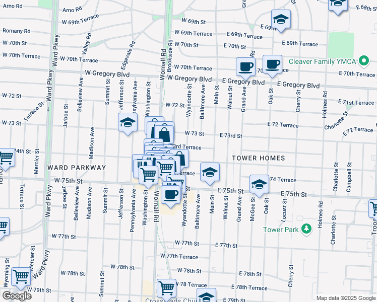 map of restaurants, bars, coffee shops, grocery stores, and more near 45 West 74th Street in Kansas City