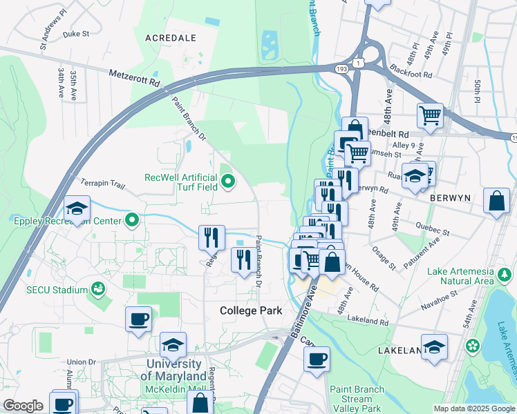 map of restaurants, bars, coffee shops, grocery stores, and more near Paint Branch Drive in College Park