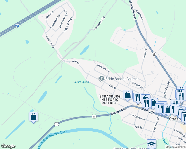 map of restaurants, bars, coffee shops, grocery stores, and more near 670 West King Street in Strasburg