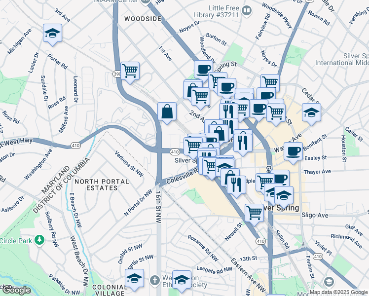map of restaurants, bars, coffee shops, grocery stores, and more near 1511 East-West Highway in Silver Spring