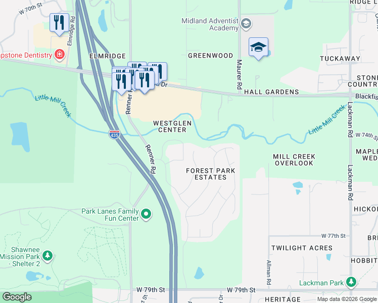 map of restaurants, bars, coffee shops, grocery stores, and more near 7600 Eicher Drive in Shawnee