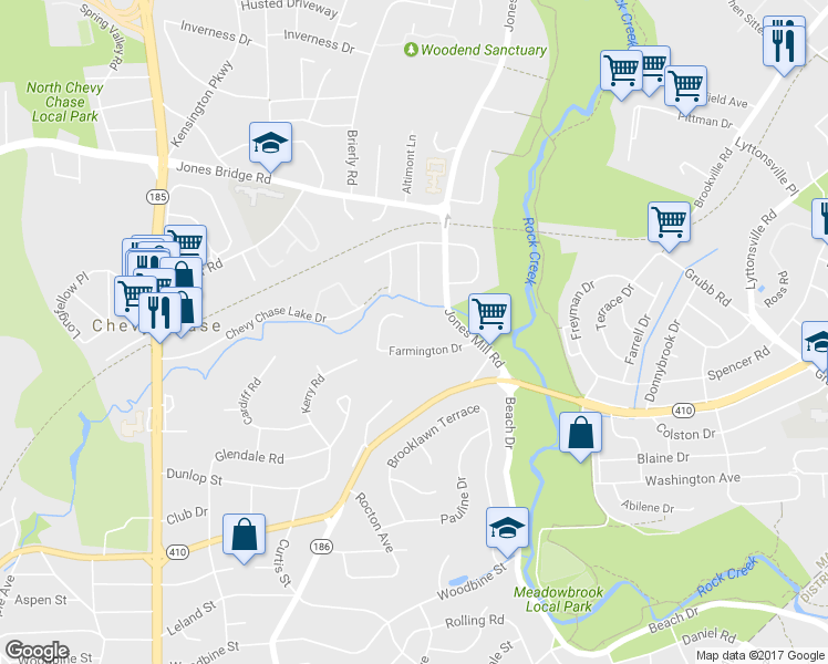 map of restaurants, bars, coffee shops, grocery stores, and more near 21 Farmington Court in Chevy Chase