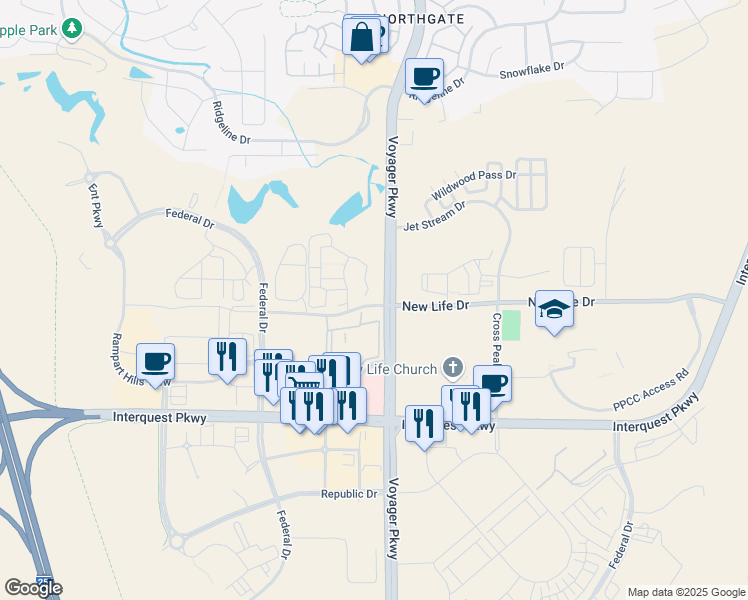 map of restaurants, bars, coffee shops, grocery stores, and more near Voyager Parkway in Colorado Springs