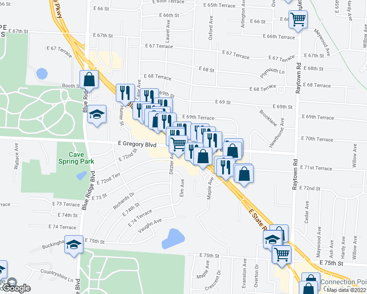 map of restaurants, bars, coffee shops, grocery stores, and more near Hwy 350 & E Gregory Blvd in Raytown