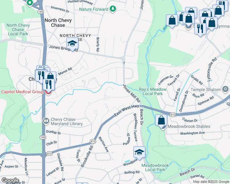 map of restaurants, bars, coffee shops, grocery stores, and more near 21 Farmington Court in Chevy Chase