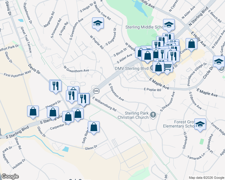 map of restaurants, bars, coffee shops, grocery stores, and more near 171 East Staunton Avenue in Sterling