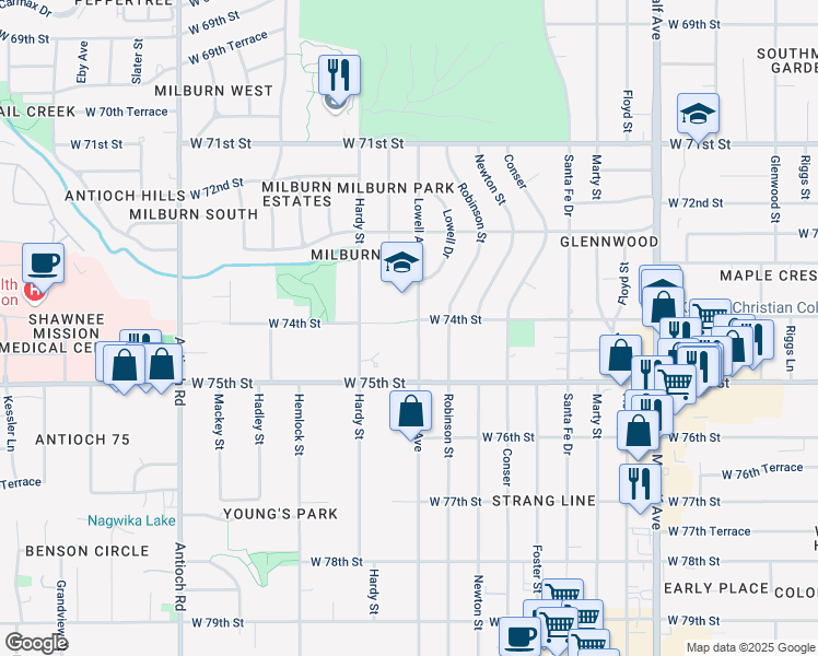 map of restaurants, bars, coffee shops, grocery stores, and more near 7309 Lowell Avenue in Overland Park