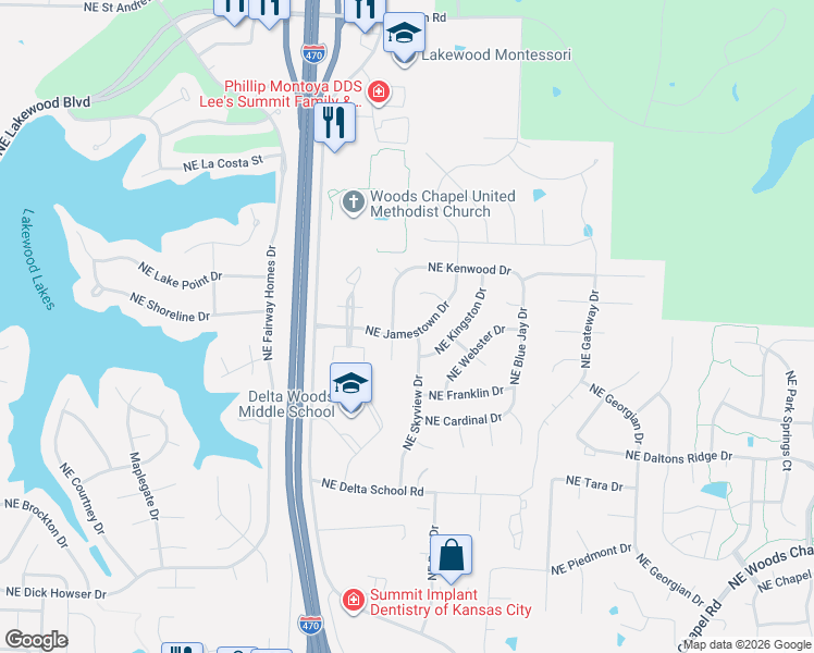 map of restaurants, bars, coffee shops, grocery stores, and more near 4500 Northeast Jamestown Drive in Lee's Summit
