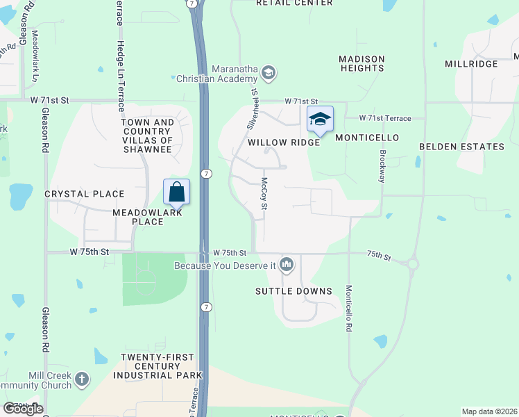 map of restaurants, bars, coffee shops, grocery stores, and more near 7312 McCoy Street in Shawnee