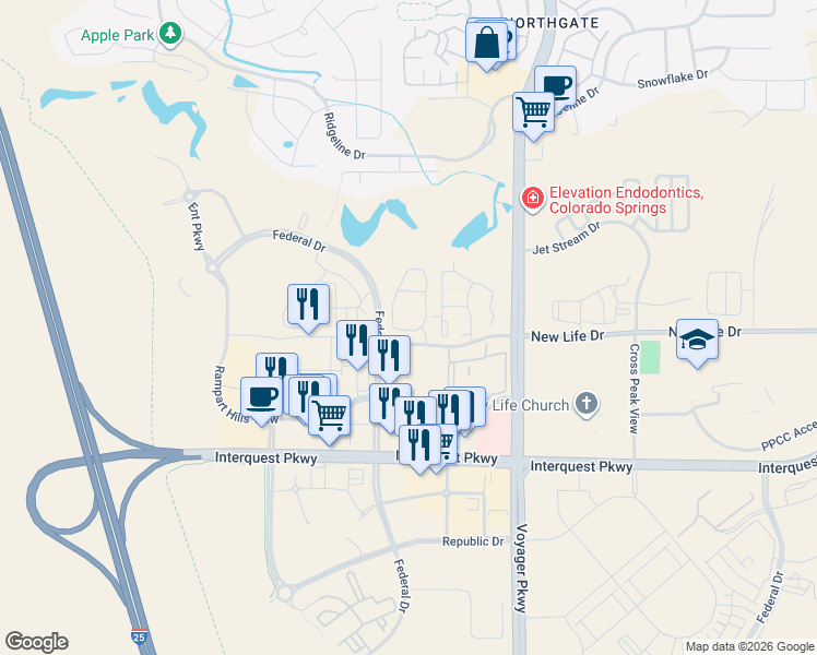map of restaurants, bars, coffee shops, grocery stores, and more near 11157 Modern Meadow Loop in Colorado Springs