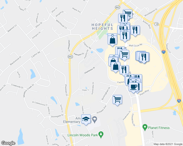 map of restaurants, bars, coffee shops, grocery stores, and more near 500 Windridge Lane in Florence