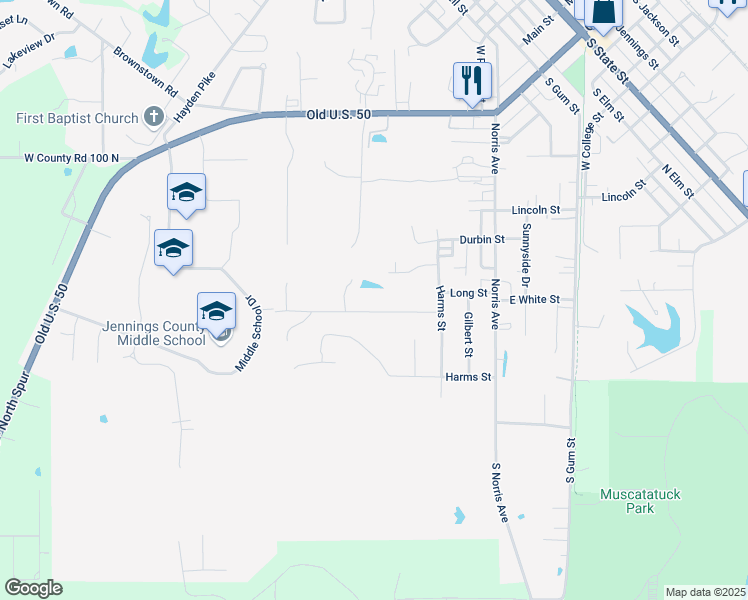 map of restaurants, bars, coffee shops, grocery stores, and more near 233 Davis Street in North Vernon