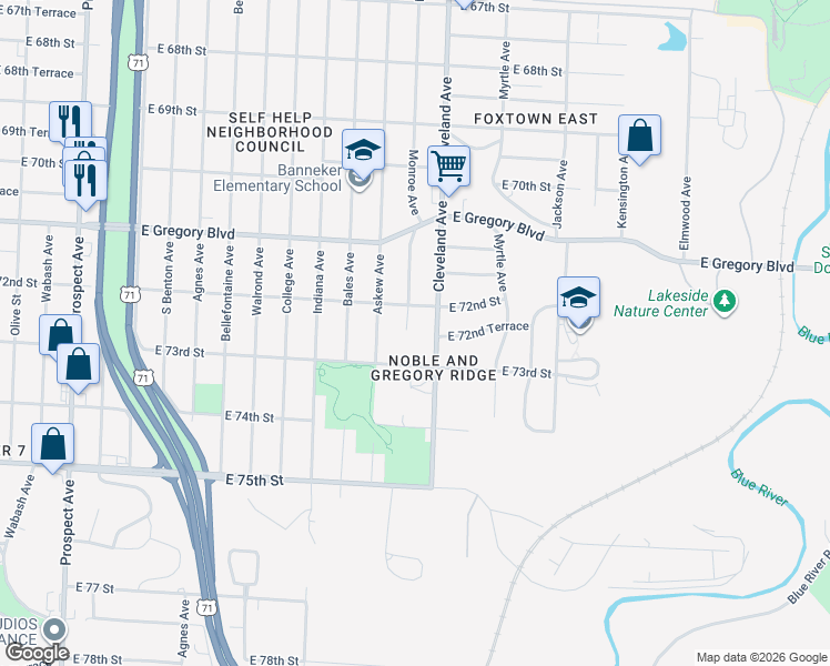 map of restaurants, bars, coffee shops, grocery stores, and more near 3709 East 72nd Street in Kansas City