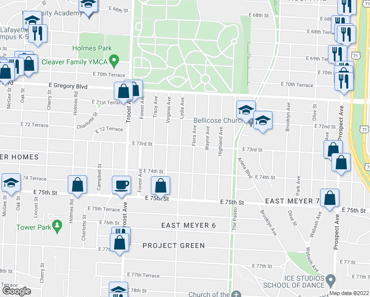 map of restaurants, bars, coffee shops, grocery stores, and more near 7233 Lydia Avenue in Kansas City