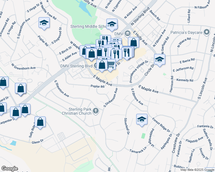 map of restaurants, bars, coffee shops, grocery stores, and more near 700 East Maple Avenue in Sterling