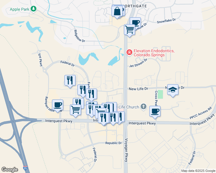 map of restaurants, bars, coffee shops, grocery stores, and more near 11311 Odyssey Point in Colorado Springs