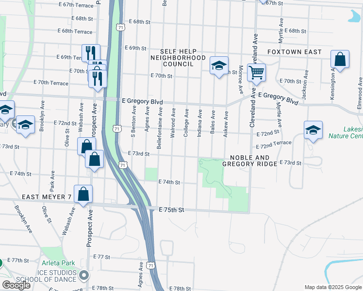 map of restaurants, bars, coffee shops, grocery stores, and more near 3207 East 72nd Street in Kansas City