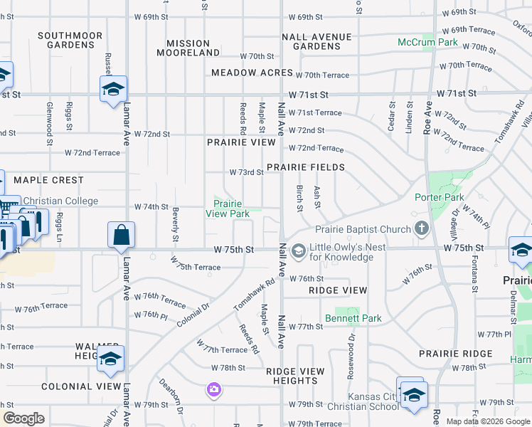 map of restaurants, bars, coffee shops, grocery stores, and more near 7333 Maple Street in Prairie Village