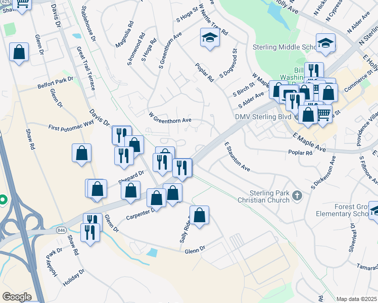 map of restaurants, bars, coffee shops, grocery stores, and more near 1212 Chase Heritage Circle in Sterling