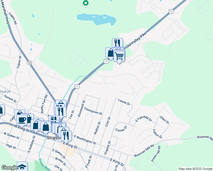 map of restaurants, bars, coffee shops, grocery stores, and more near 310 Hupps Hill Court in Strasburg
