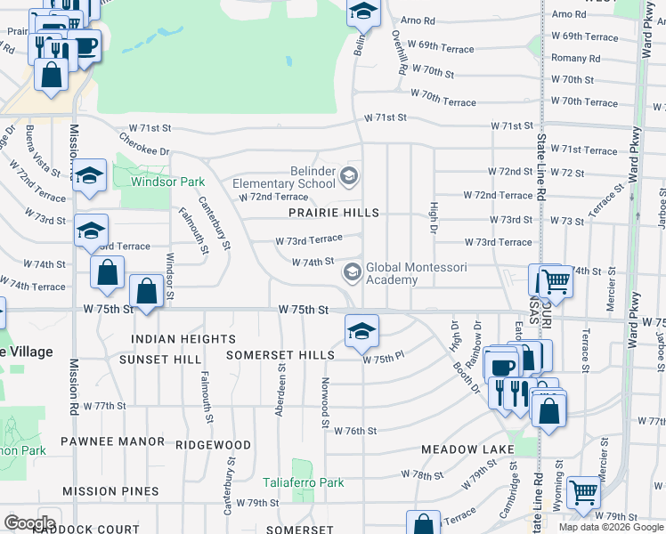 map of restaurants, bars, coffee shops, grocery stores, and more near 2819 West 73rd Terrace in Prairie Village