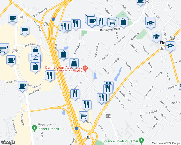 map of restaurants, bars, coffee shops, grocery stores, and more near 7765 Plantation Drive in Florence