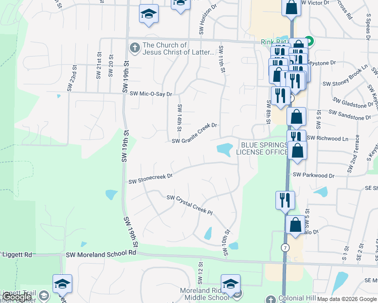 map of restaurants, bars, coffee shops, grocery stores, and more near 1304 Southwest Granite Creek Drive in Blue Springs