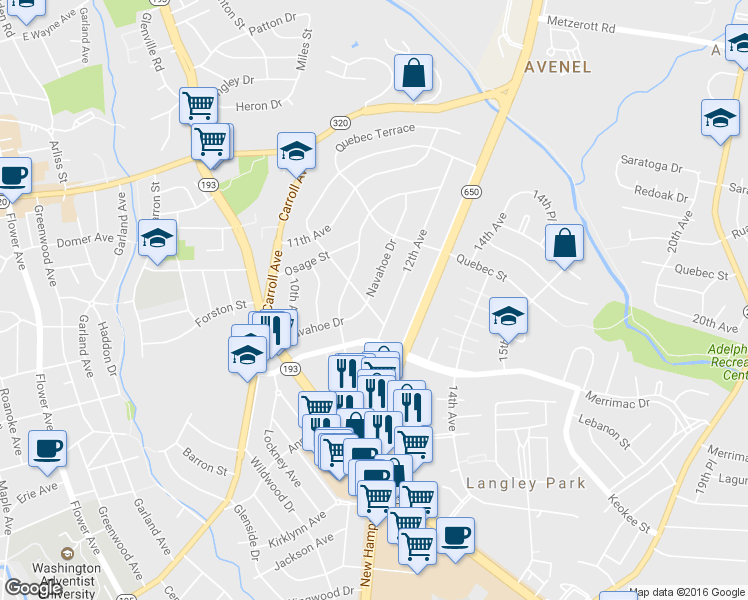 map of restaurants, bars, coffee shops, grocery stores, and more near 8301 Navahoe Drive in Silver Spring