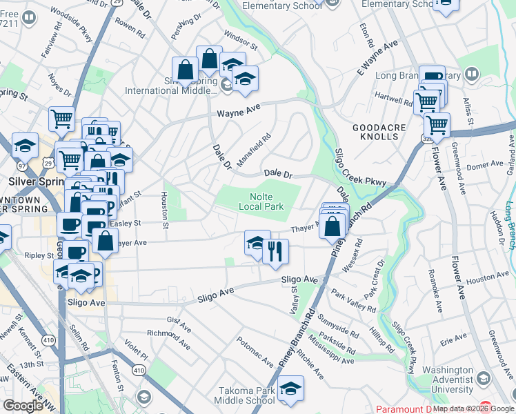 map of restaurants, bars, coffee shops, grocery stores, and more near 200 Denver Road in Silver Spring