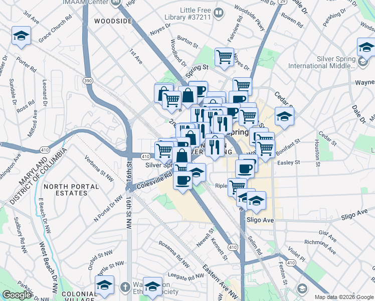 map of restaurants, bars, coffee shops, grocery stores, and more near 101 Independence Avenue Southeast in Washington