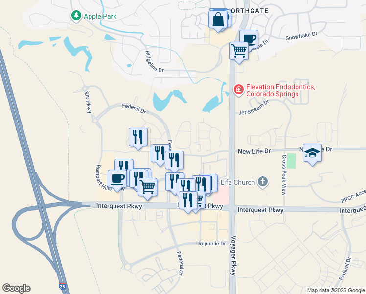map of restaurants, bars, coffee shops, grocery stores, and more near 11157 Modern Meadow Loop in Colorado Springs