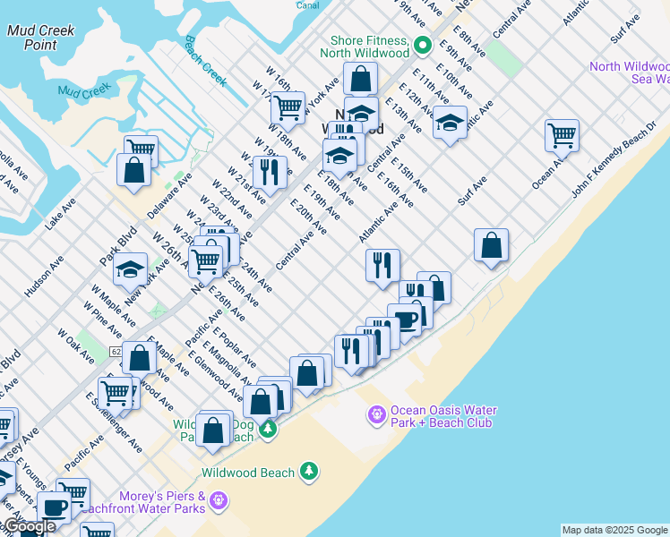 map of restaurants, bars, coffee shops, grocery stores, and more near 2099 Atlantic Avenue in North Wildwood