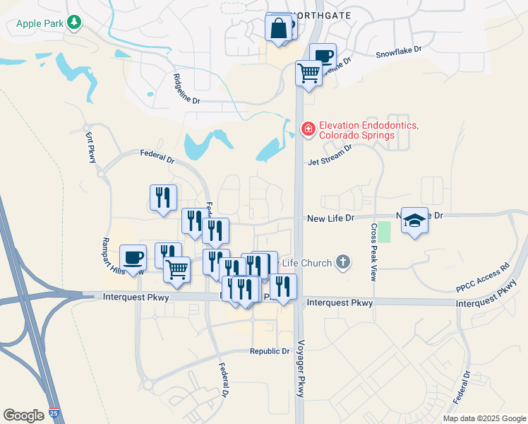 map of restaurants, bars, coffee shops, grocery stores, and more near 11320 New Voyager in Colorado Springs
