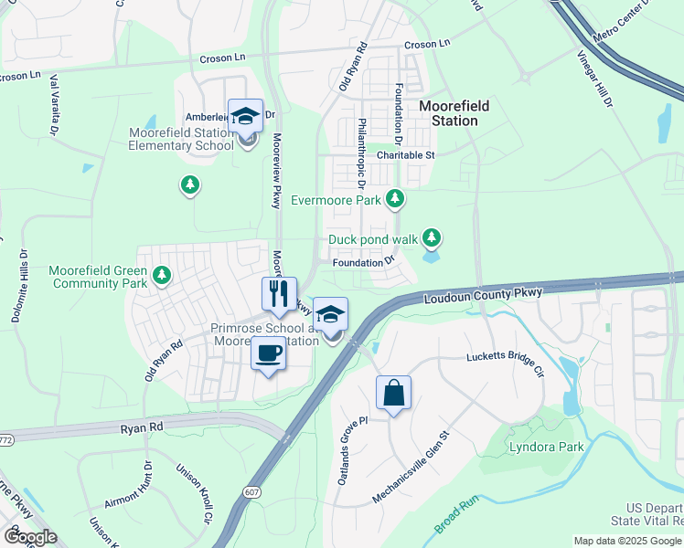 map of restaurants, bars, coffee shops, grocery stores, and more near 43387 Radford Divide Terrace in Ashburn