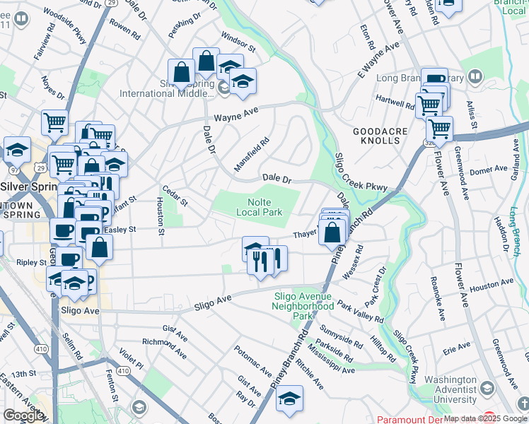 map of restaurants, bars, coffee shops, grocery stores, and more near 200 Denver Road in Silver Spring